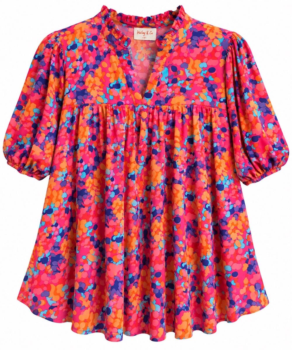 Hayley & Co. Multicolor Abstract Print Babydoll Puff Sleeve Blouse